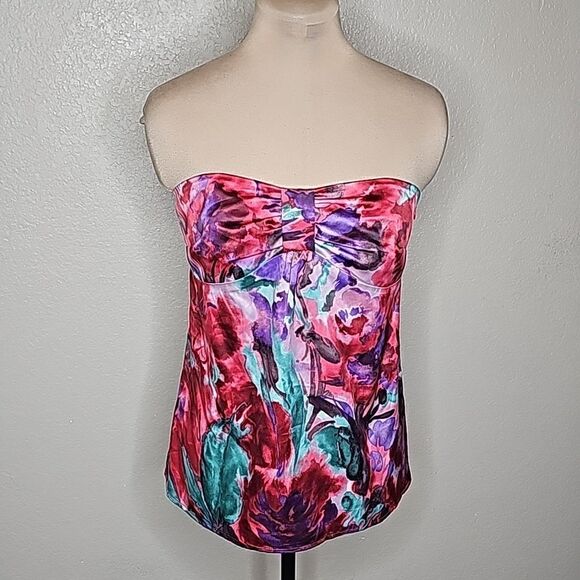 LOFT 6 Strapless Corset top Satin Watercolor floral red purple print - Picture 1 of 9